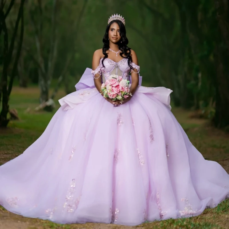 Lavender Glitter Quinceanera Dresses Off Shoulder Ball Gown Sweet 16 Dress Applique Beading Bow Tiered Tull Corset Party Birthda