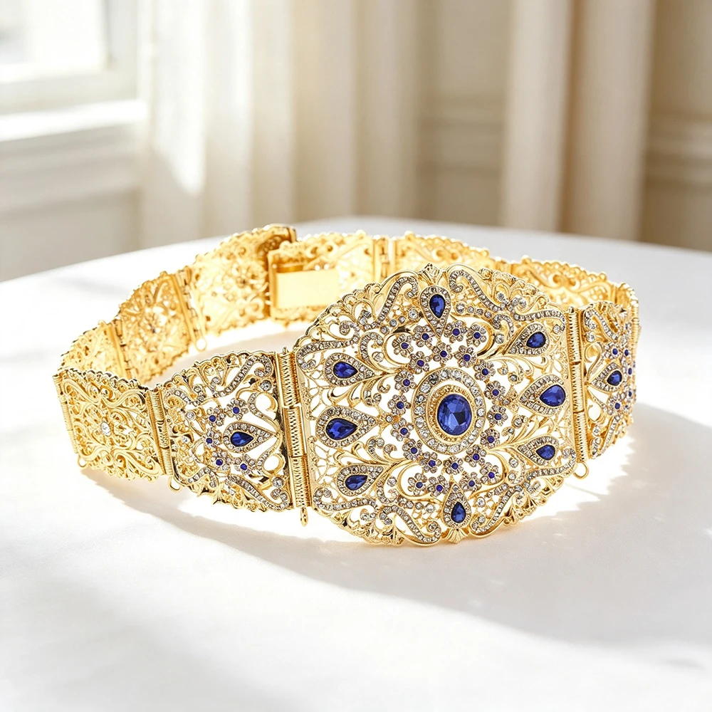 Sunspicems Goldfarbener Marokkanischer Kaftan-Gürtel mit Strasssteinen, Hohlfiligran, Algerische Damen-Taillenkette, Arabischer Brautschmuck für Hochzeiten – Detail 7