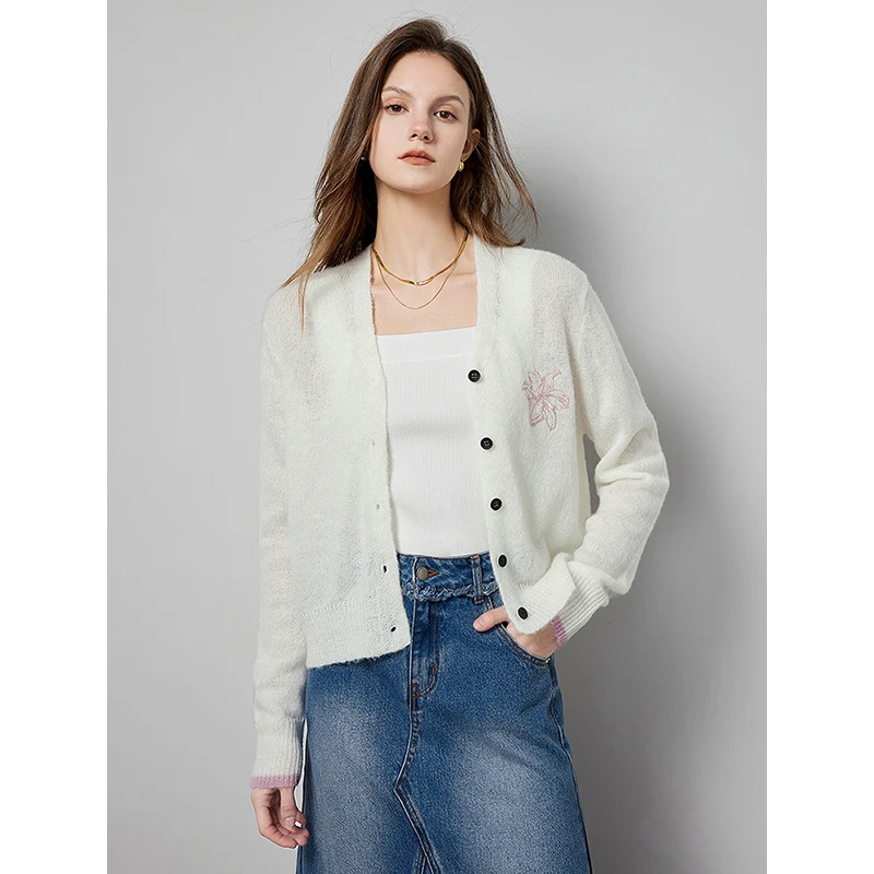 TOYOUTH Women Cardigan Sweater 2024 Spring Flower Embroidery Pattern Single Breasted Button V Neck White Knitwear Fashion Tops