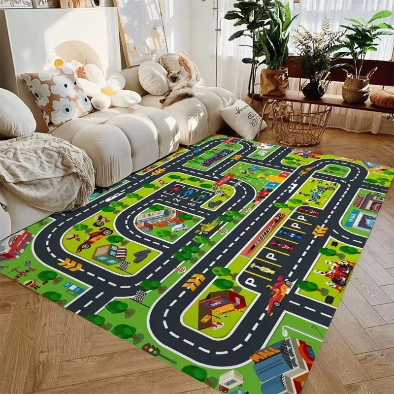 City Road Map Print Flannel Rug Decor Floor Mat for Living Room Bedroom Home Decoration Cartoon Town Pattern Decorative Area Rug