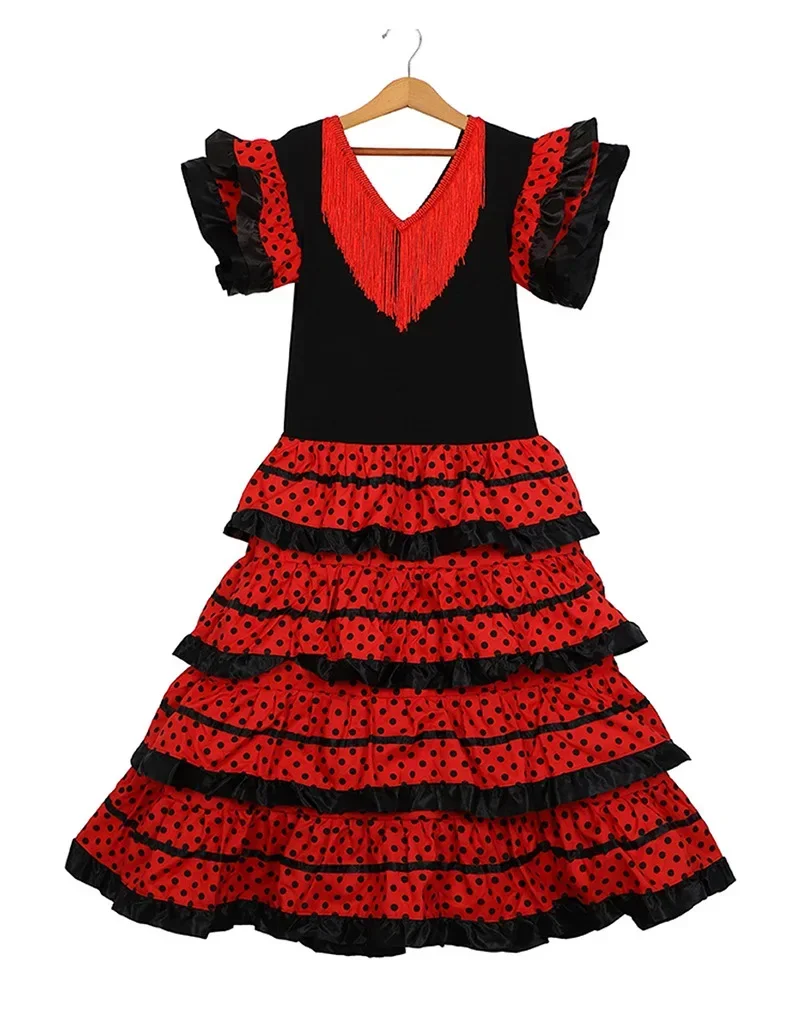 Spanisches Flamenco-Tanzkostüm für Kinder, rotes und schwarzes langes Kleid, Mädchen-Karnevals-Bühnenoutfit für Festival-Cosplay-Party – Detail 6