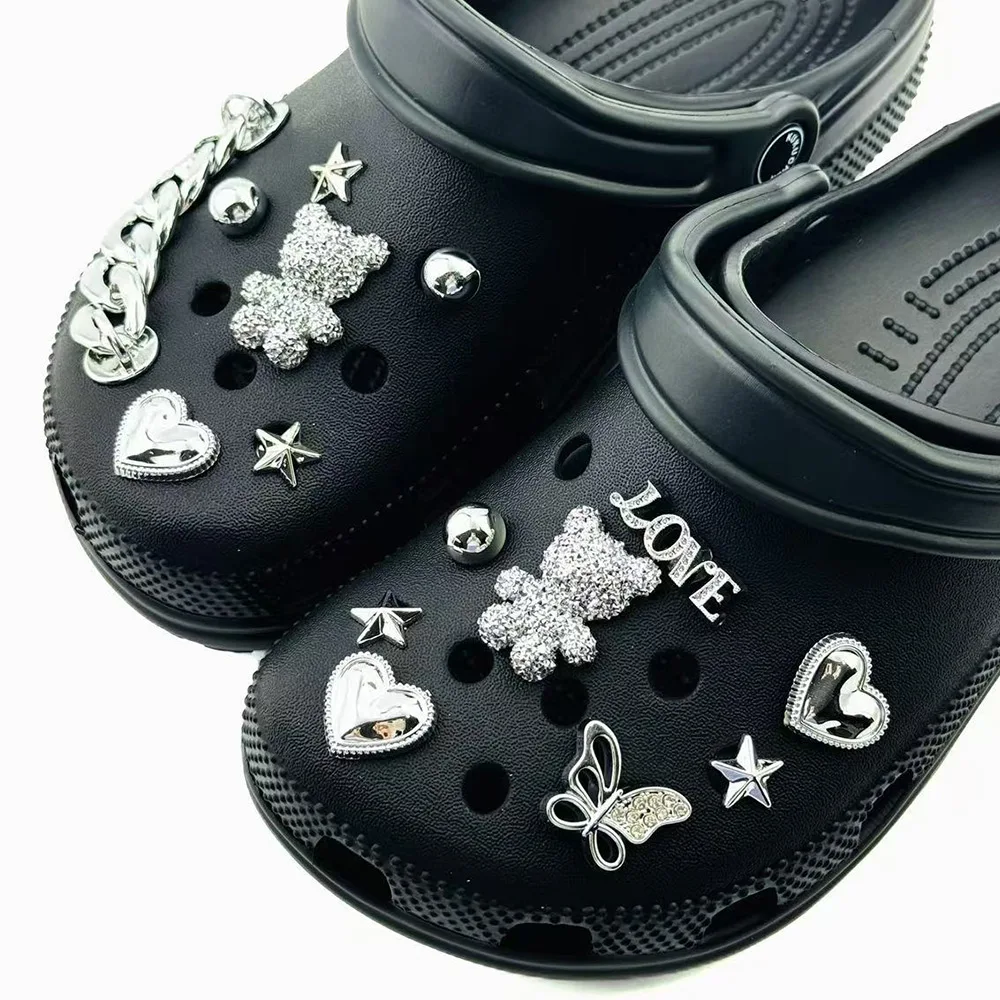 

15PCS Summer Fashion Shoe Charms Set Accessories for Clogs Silver Bear Butterfly Pentagram Chain DIY Shoes Decorations Buckle