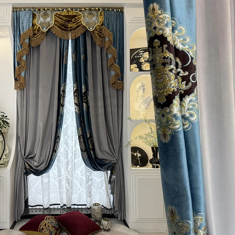 

Custom simple European luxury elegant velvet splicing bedroom grey thick cloth blackout curtain tulle valance drape C2145