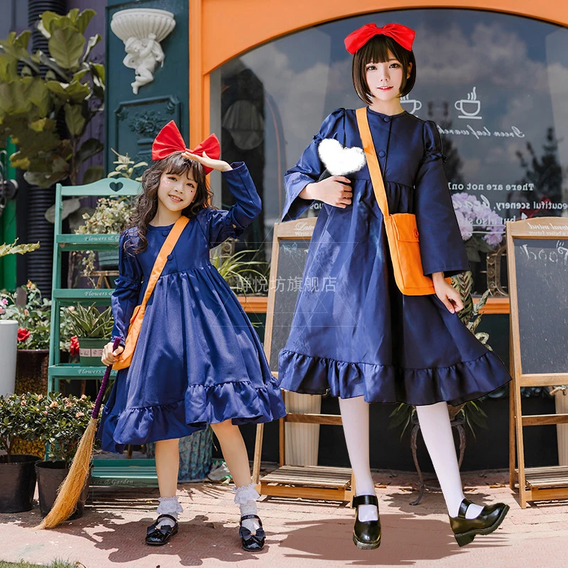 Lovely Witch Cosplay Bow Detachable Sleeves Dress Anime Character Qiqi Performance Costumes Parenting Vestidos Parent Child Set