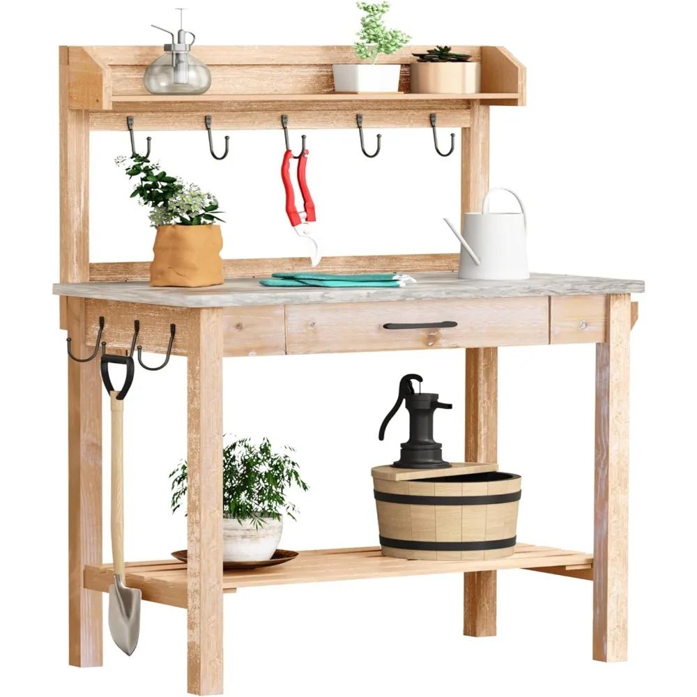 

Outdoor Potting Bench Table with Metal Tabletop, Planting Table Potting Work Station with Storage Drawer and Removable Shelf Rac
