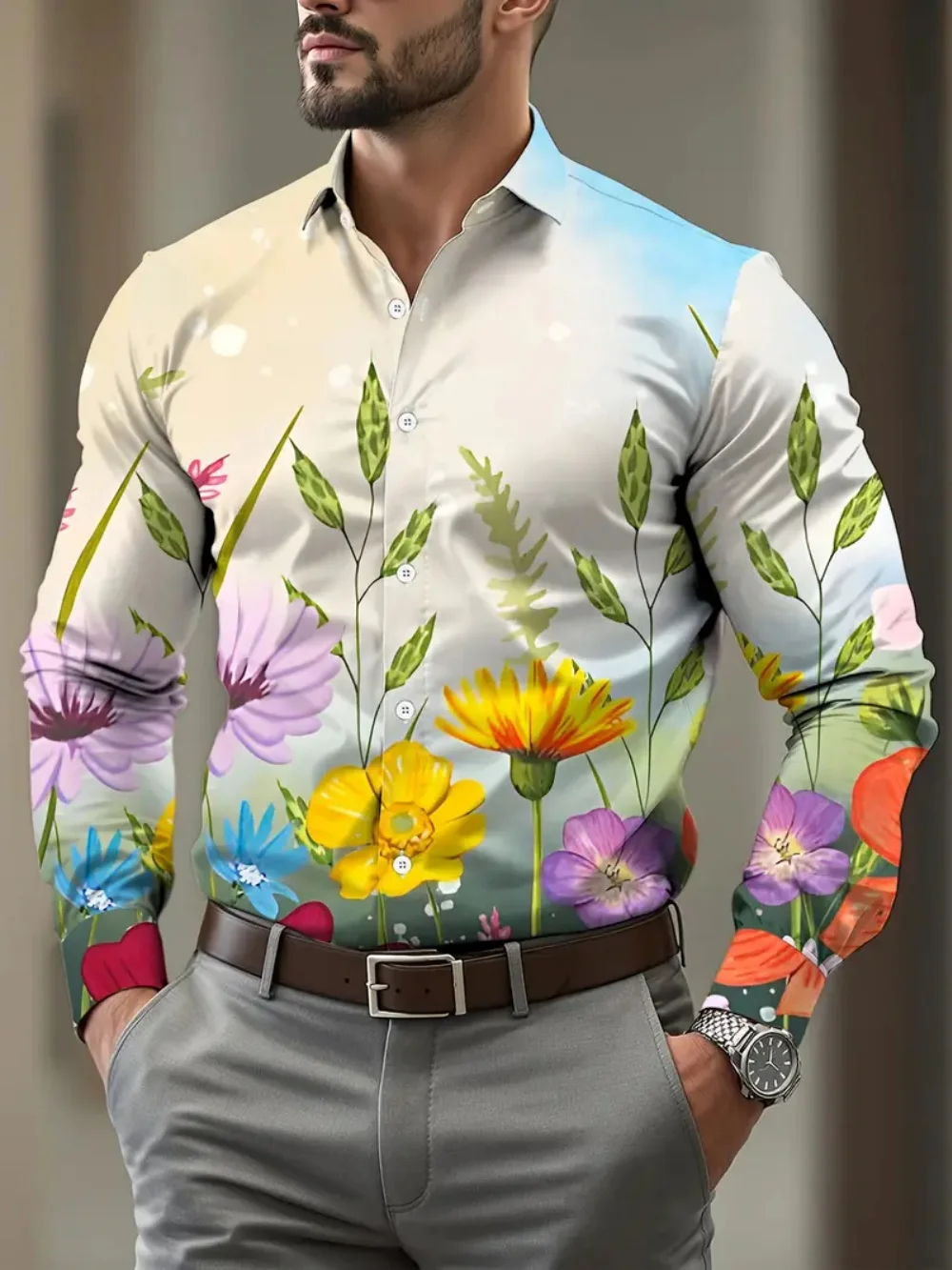 Kemeja pria lengan panjang dengan motif hati, kemeja pria pesta sosial berkancing kerah modis, bahan nyaman dan lembut,