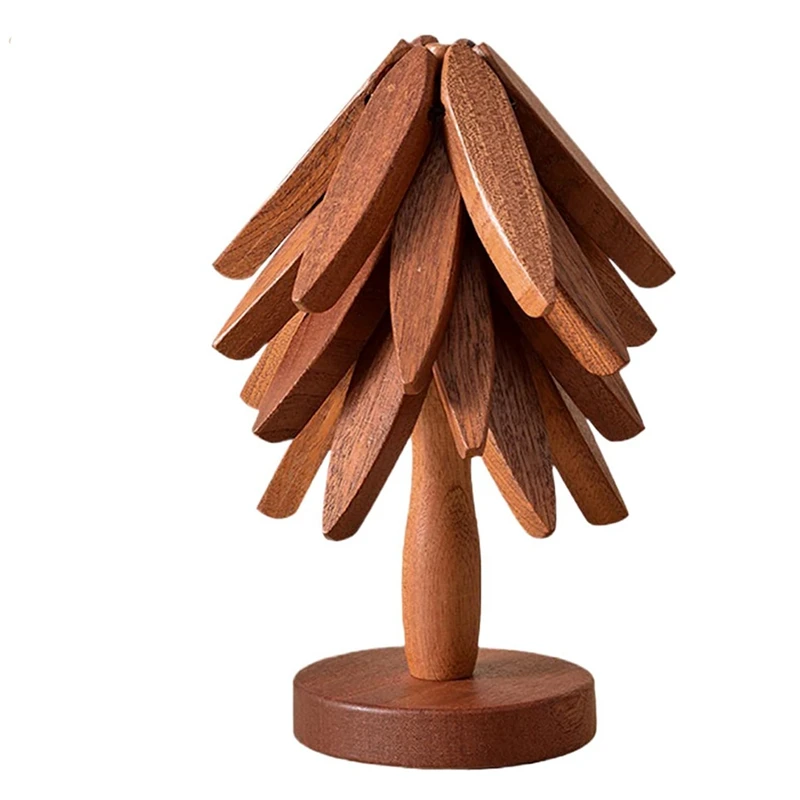 

Деревянные подставки для горячей посуды, набор подставок в форме дерева, 4 деревянных подставки + 1 подставка для хранения горячих горшков для чайника, коврик против ожогов