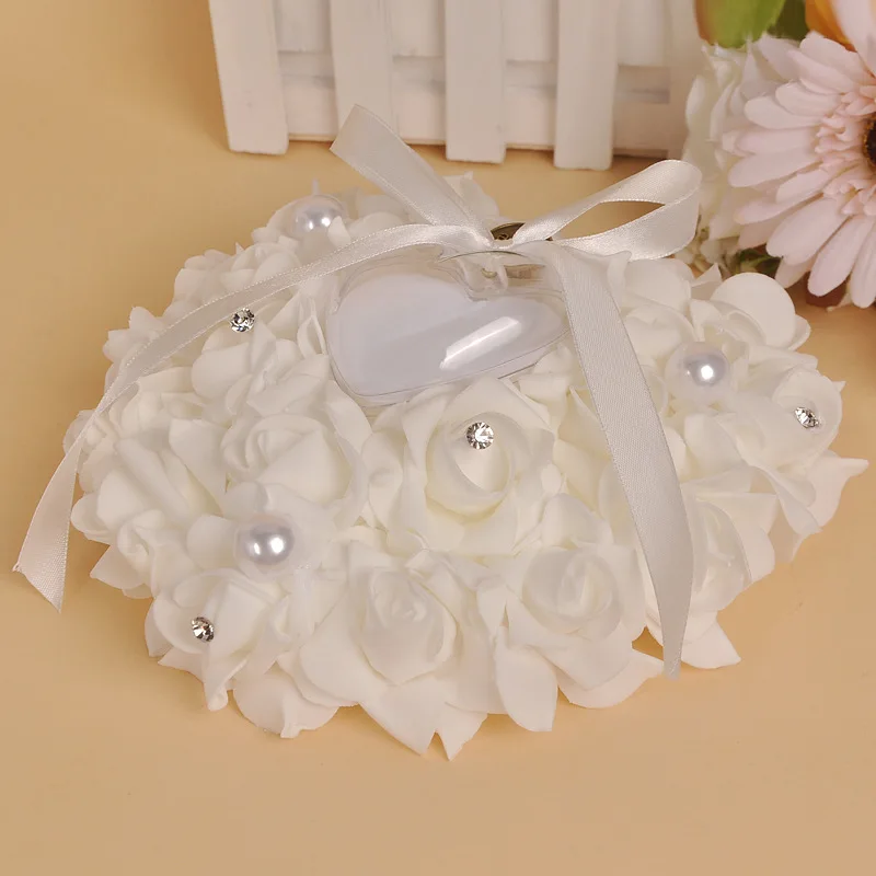 Heart-shaped  Pillow Rose Flowers Rhinestone Pearls  Bearer Pillow Cushion Wedding Favors  Pillow