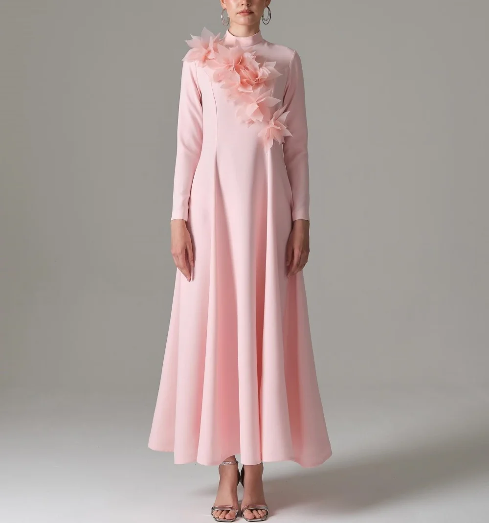 

Customized Long Sleeves Evening Dress Applique High Collar A-line Pleat Midi Dresses Elegant Party Gown