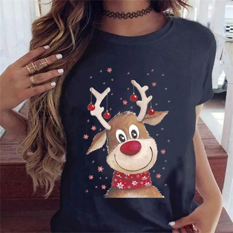 Maycaur Cute Deer Print T Shirt Women Fashion Christmas Tops New Year Holiday Tshirt Happy Merry Christmas Print Clothes Female