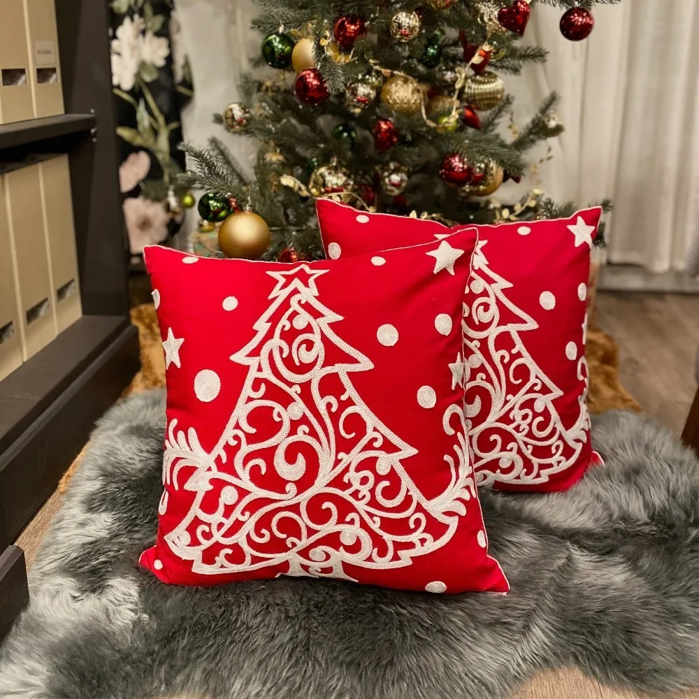

2 Pcs Red Christmas Pillow Cover Tree Outdoor Decor Pillow Case 18x18 Inches Embroidery Couch Throw Pillows Cotton Pillowcases