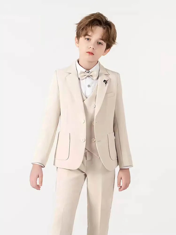 

Gentleman Kids Beige Jacket Vest Pants Bowtie Brooch Photograph Suit Children Piano Dress Boys Easter Host Performance Costume