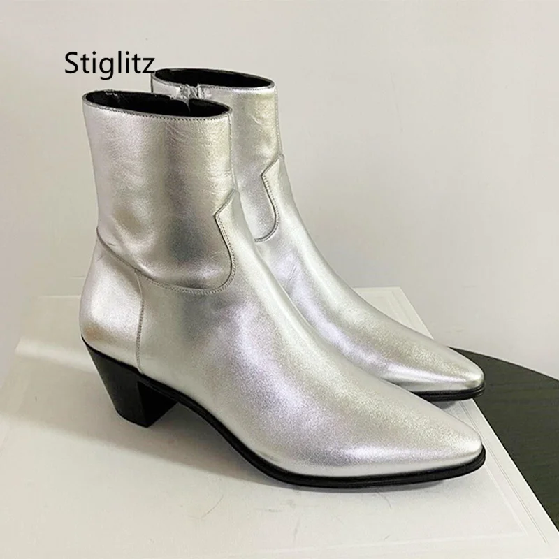 Black Genuine Leather Men\'s Boots Fashion Zip Pointed Toe Ankle Boots for Men Formal Dress Casual High Heels Office Shoes