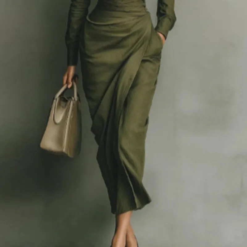 우아한 여성용 봄 폴로 칼라 버튼 하이웨이스트 슬림 바디콘 드레스 가을 긴팔 솔리드 오피스룩 원피스 베스티도