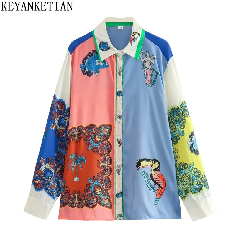

KEYANKETIAN Spring/Autumn New Retro style Matching Position Print Shirt Women's Single Breasted Long Sleeve Loose Blouses Top