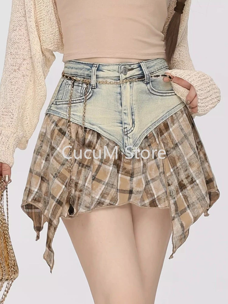 Summer 2000s Spicy Girl Spliced Denim Skirt Women New Versatile Fashion Casual High Waist Slimming A-line Short Plaid Skirt Chic