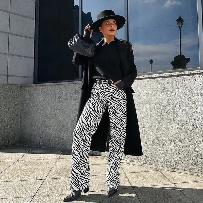 MSCSZ Zebra Print Pants Woman High Waisted Straight Trousers Animal Printed Elegant Pants Y2K Streetwear