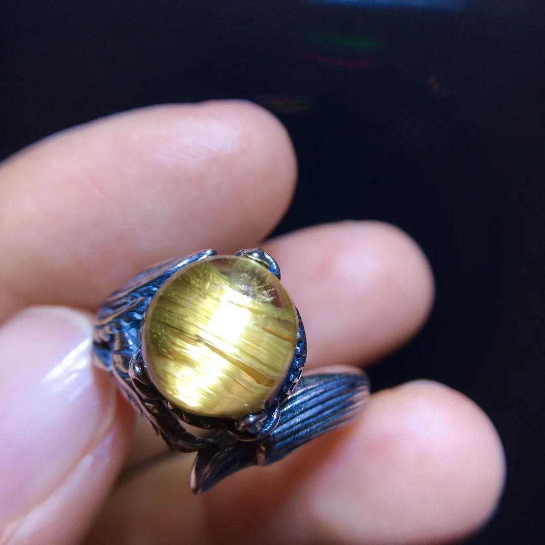

Natural Gold Rutilated Quartz Adjustable Ring 9.7/9.2mm Round Women 925 Silver Yellow Rutilated Beads AAAAAA