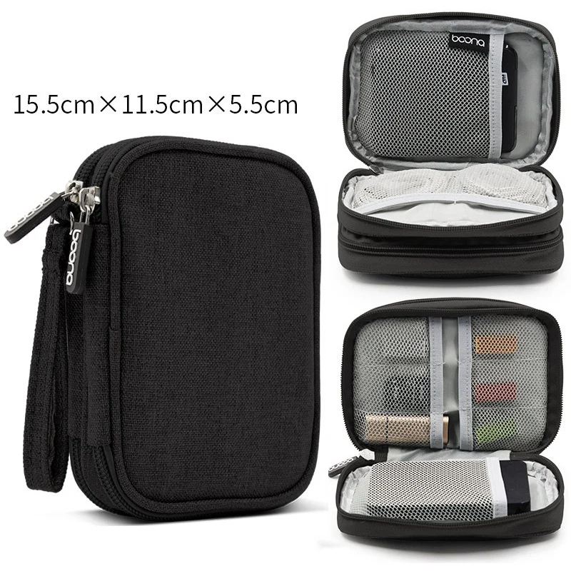 BOONA Portable Hard Disk Storage Bag Double-Layer Multi-Function Storage Box Suitable for Power Bank, Data Cable, Charger Black