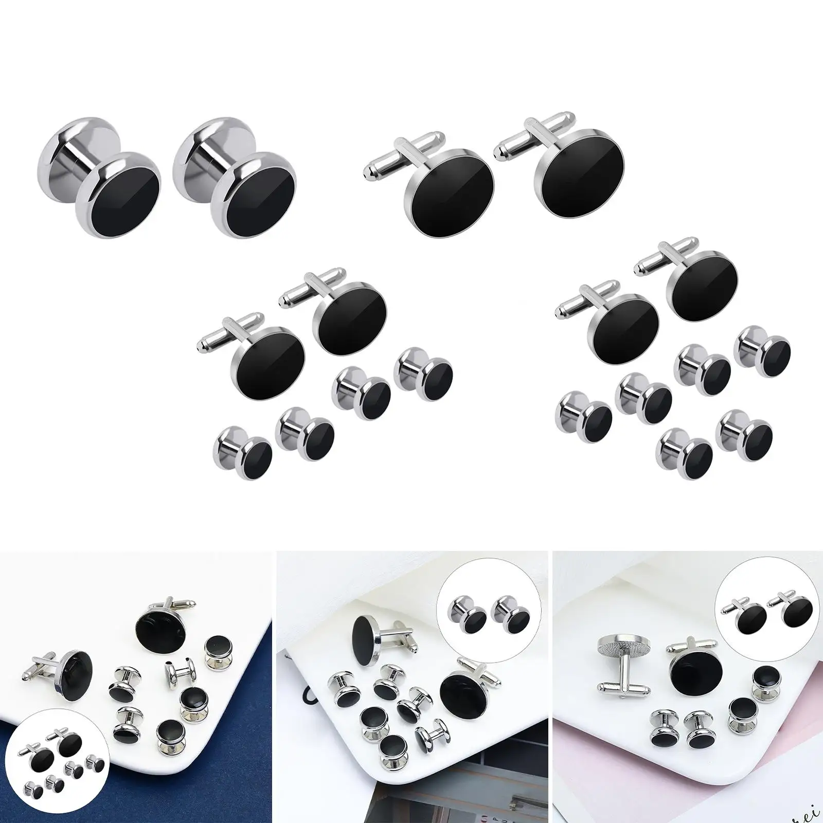 Cufflinks and Studs Set Unique Formal Jewelry Black Cuff Links Kit for Wedding Puit Shirts Party Business Groomsmen