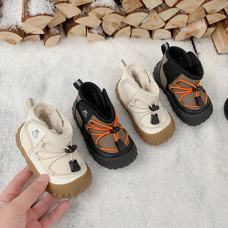 

Kids Sports Boots Soft Bottom Toes Capped Boys Girls Ankle Boots Non-slip 2025 Winter New Children Warm Boots Hook&loop Handsome