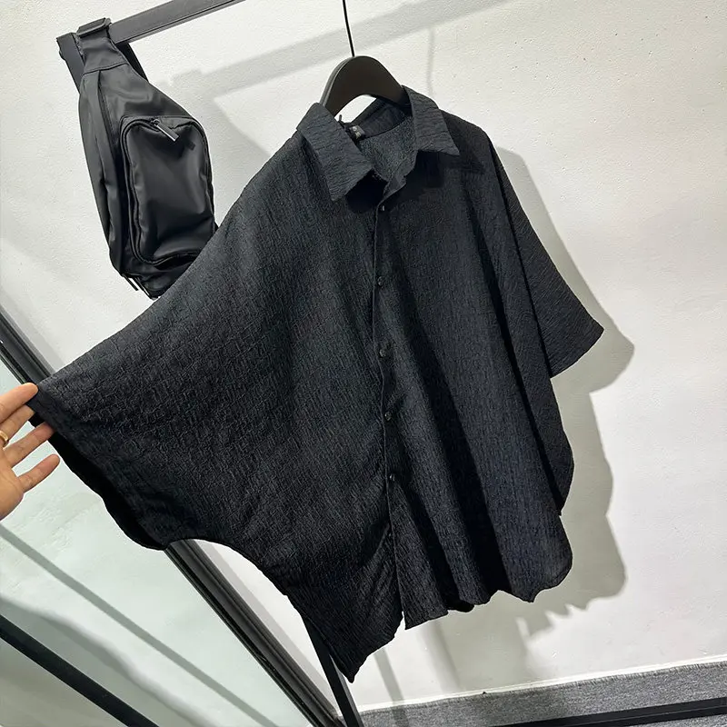 Summer Design Fashionable Irregular Pleated Loose Short Sleeve Shirt Popular Dark Series Bat