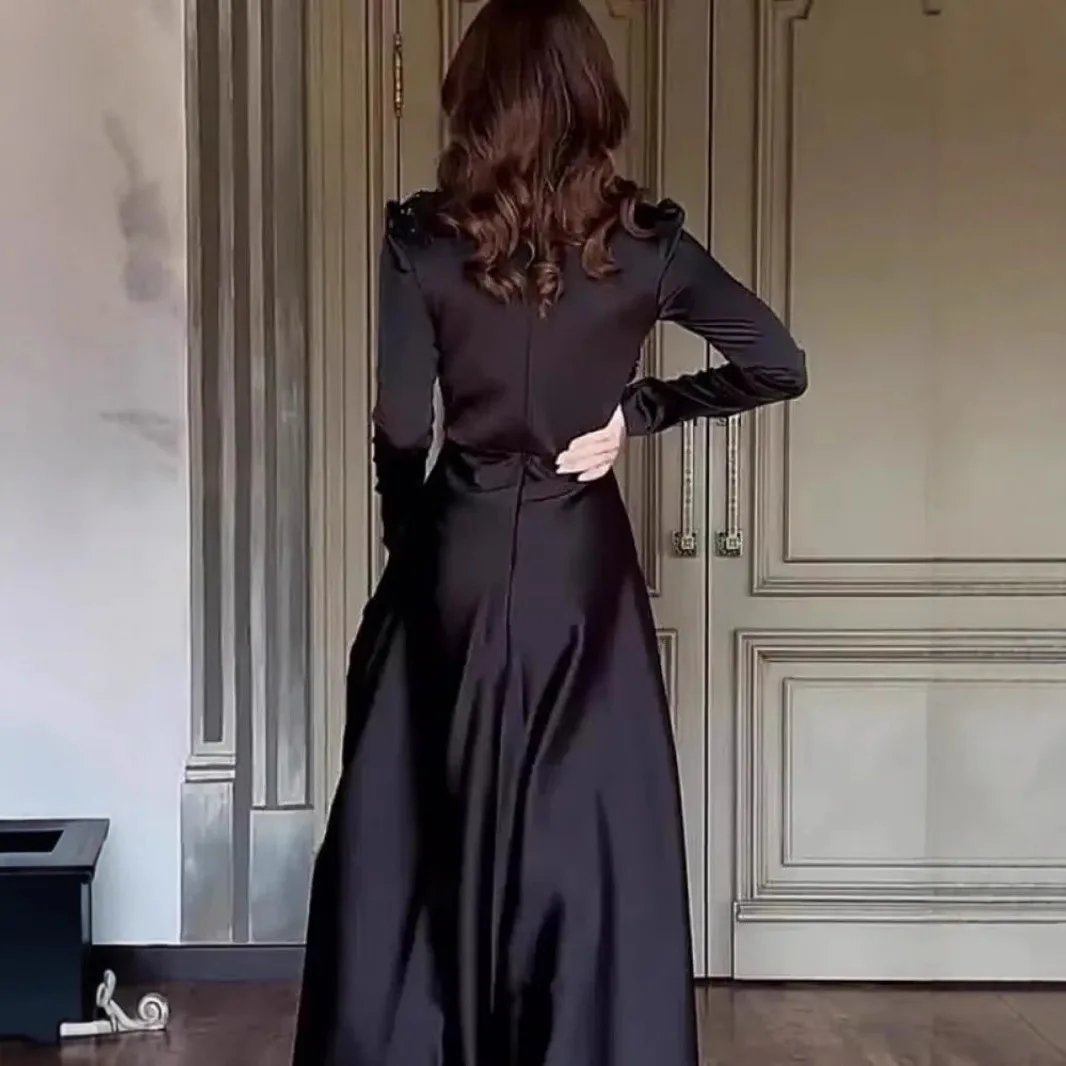 Ele Pure Color Long Sve Slim Fit Rüschen Vintage Dr Damen Par Dr Faionable Midi Länge formelles Kleid