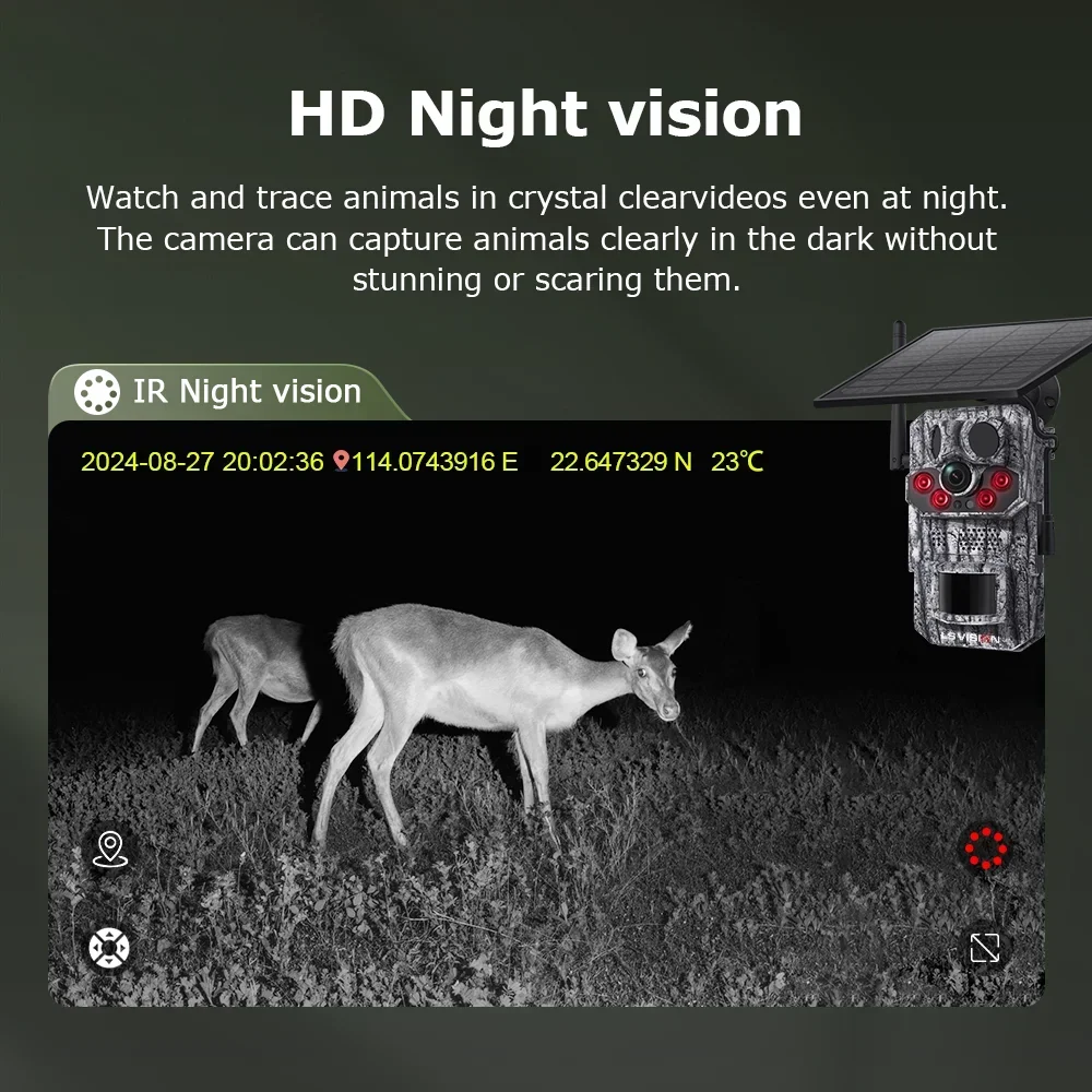 4G Solar Powered Hunting Camera 2K Videos 16MP Pictures Night Vision Trail Camera for Wildlife Monitoring Hunting GPS