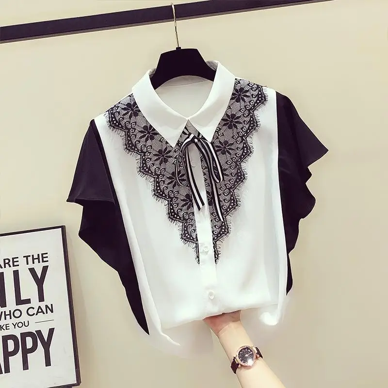 

Elegant Lapel Spliced Lace Bow Ruffles Batwing Sleeve Shirt Female Clothing 2023 Summer New Casual Tops Office Lady Blouse