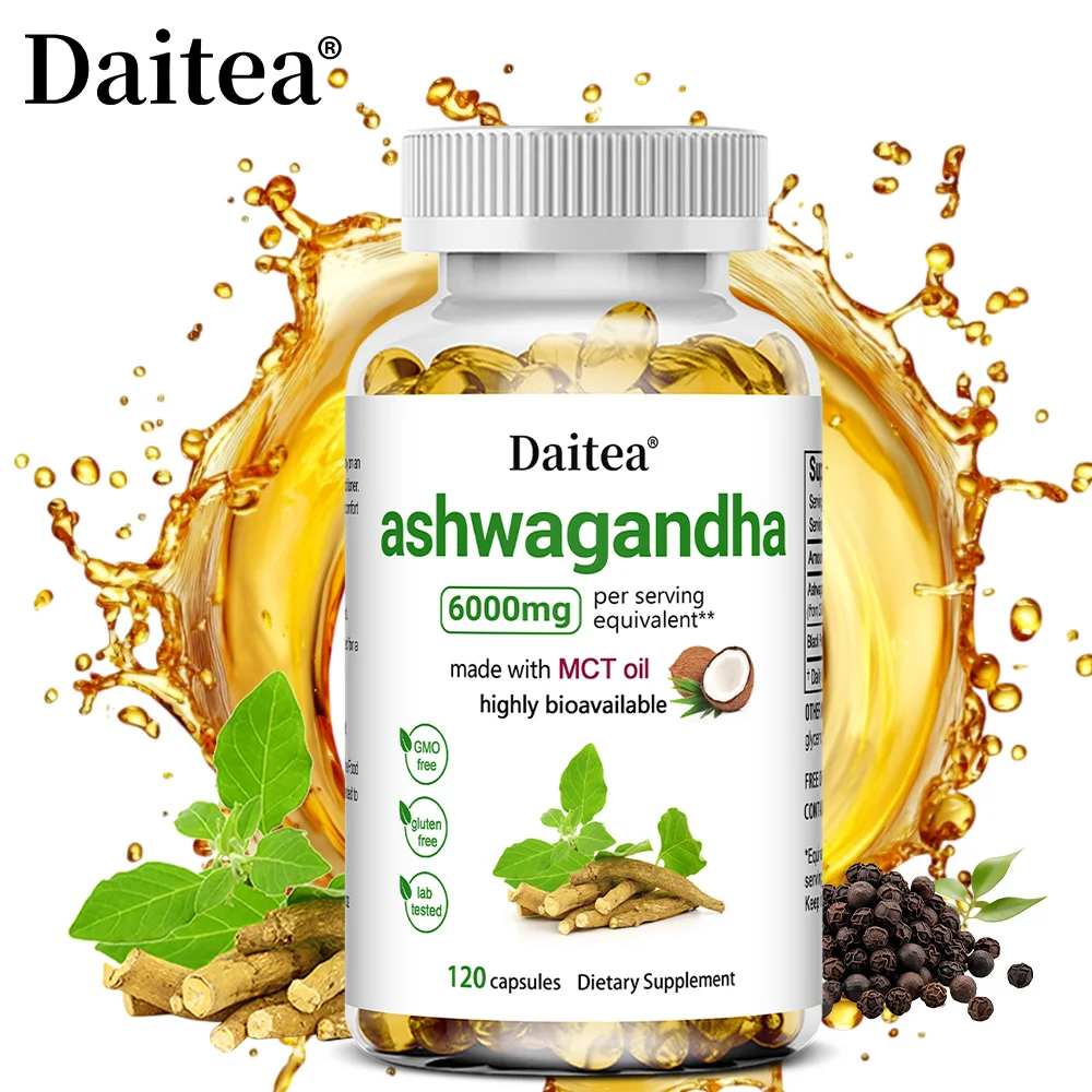Cápsulas de extracto de raíz de Ashwagandha, suplemento de 6000 mg, ayuda al estrés, el enfoque, el cerebro, soporte energético para la salud del sueño, no OGM, vegano