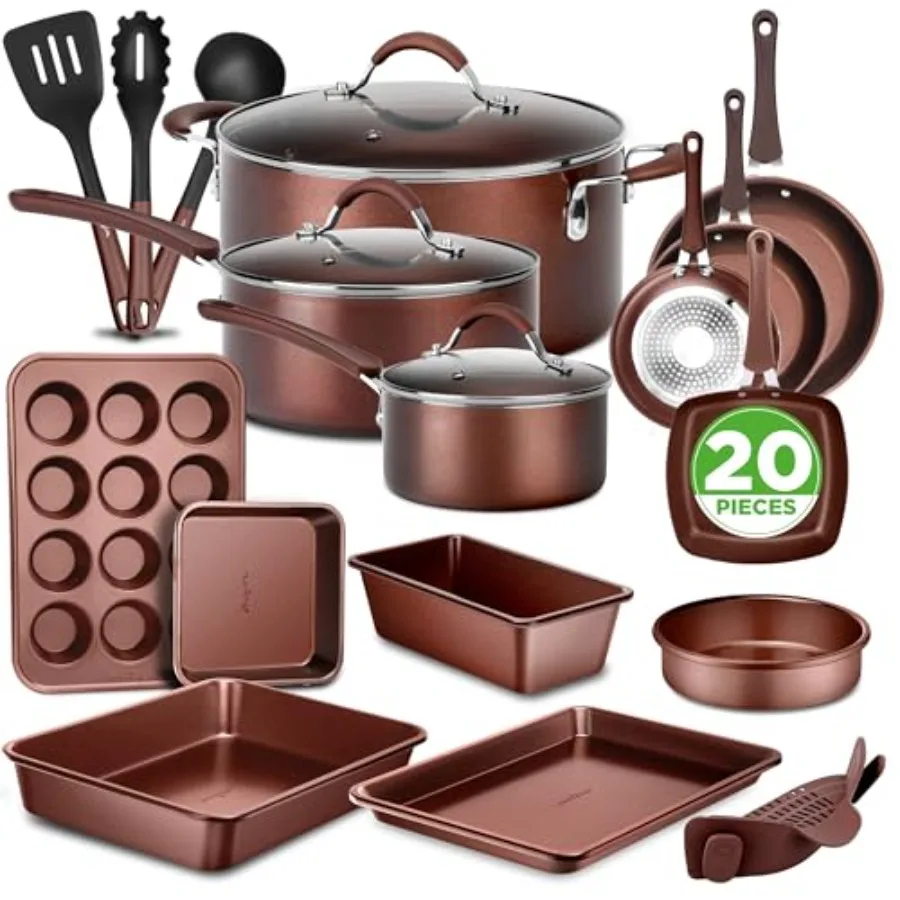 Juego de Utensilios de Cocina Antiadherentes de 20 Piezas, Juego de Cocina Premium con Ollas, Sartenes, Utensilios para Hornear, Antiadherente, Compatible con Gas, Eléctrico y Vitrocerámica