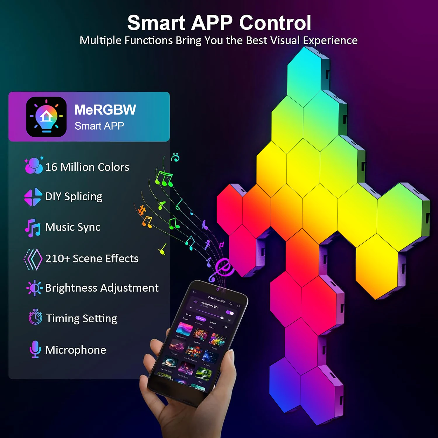 Smart Multicolor Hexagon Lights Hexagonal Wall Light APP DIY Music Sync Night Light Computer Games Room Bedroom Home Decoration