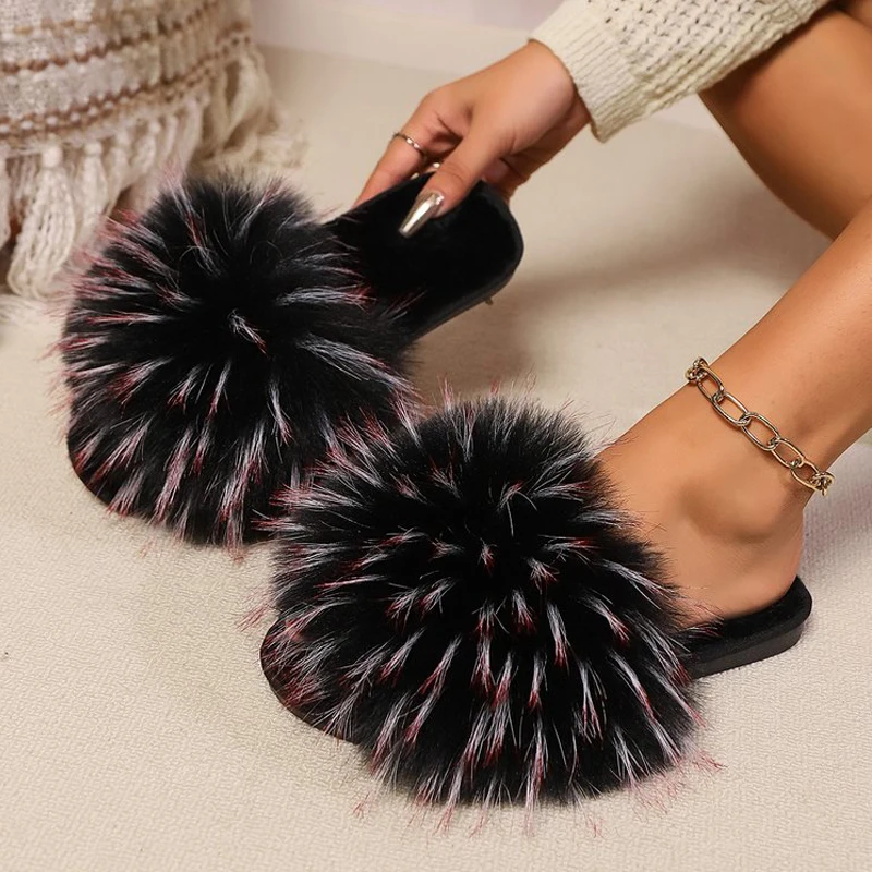 Luxury Two-Tone Long Hair Fur Slides Woman Winter Open Toe Fluffy Plush Slippers Ladies Warm Furry Indoor Floor Cotton Shoes