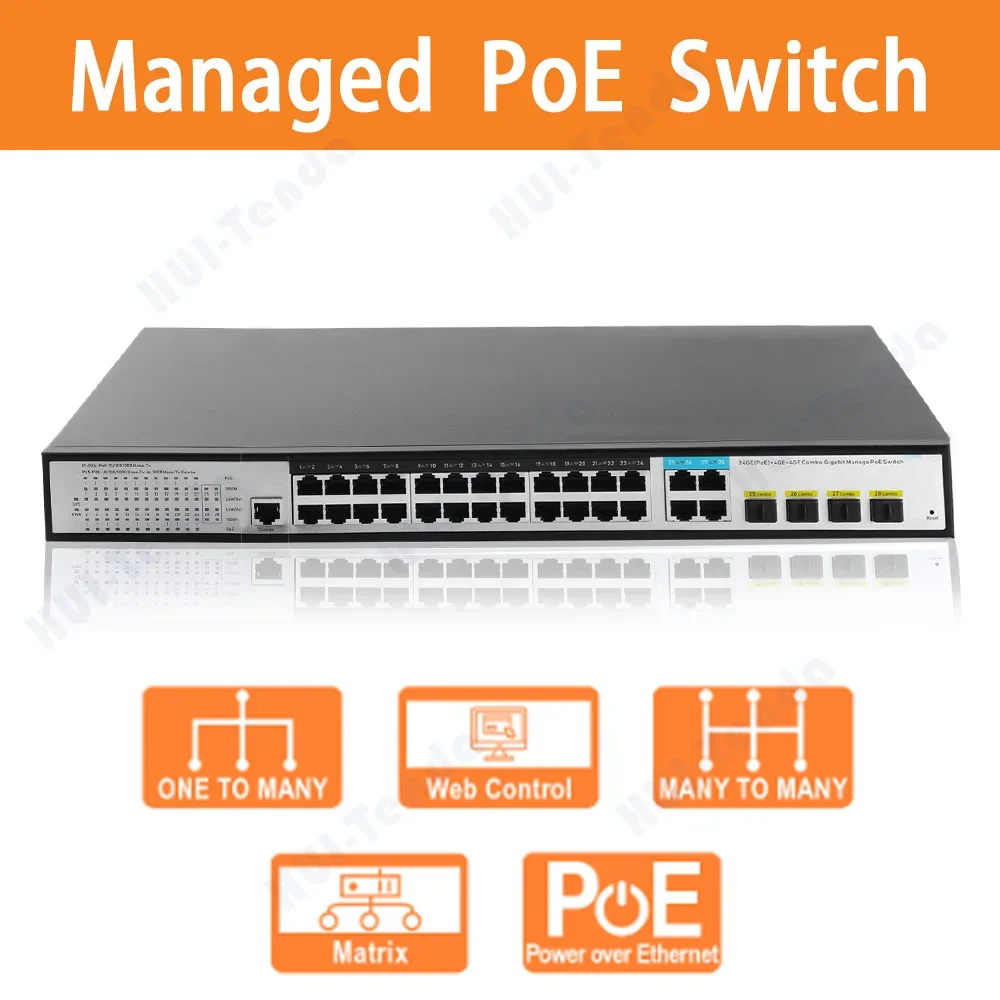 Imagem -02 - Loja-switch Ethernet Gigabit Poe 24 Portas Sfp Vlan Stp Qos 1000mbps Rj45 Hub de Comutação de Fibra Montado em Rack Montado