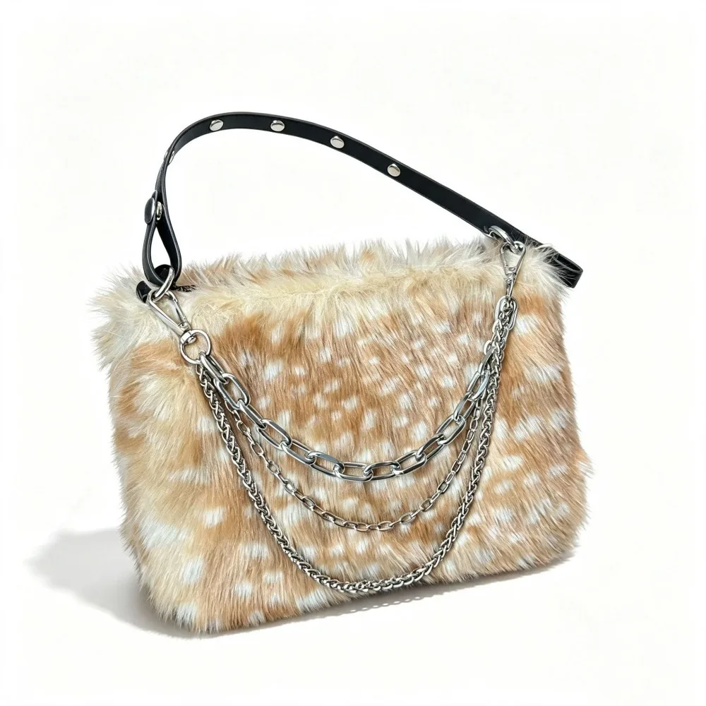 Elegant Portable Faux Fur Shoulder Bags Metal Chains Spicy Girl Fluffy Tote Bag Solid Color Fuzz Armpit Bag Women
