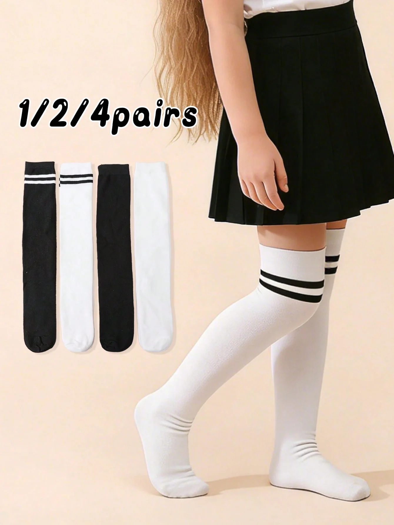 

1/2/4 Pairs of Girls' Black and White School-Style Knee-Length Stockings to Pair with Lolita Outfit and School Uniforms