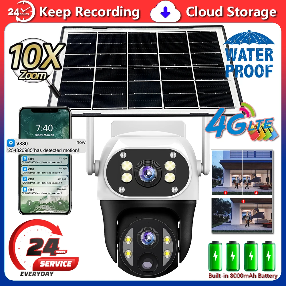 

4G Solar Camera Dual Lens 8MP HD Night Vision PTZ Cameras Smart Home Outdoor Garden Yard Waterproof Security Protection Monitor
