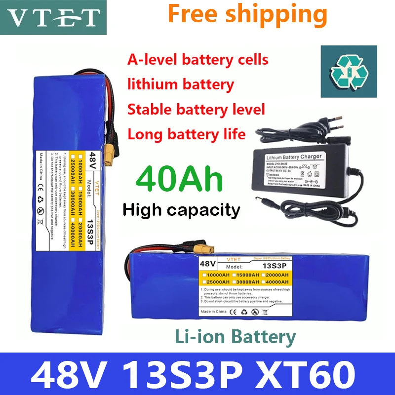 

New48V XT60 13S3P 40000mAh 1000W Power Li-ion Battery Pack 40Ah for E-bike High Quality Battery BMS+54.6V Charger 18650 Reusable