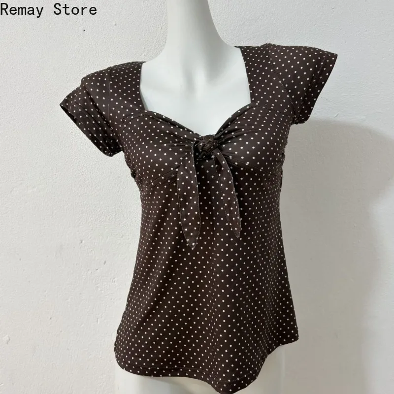 Summer Y2k Sweet Brown Polka Dot Short Sleeve Tops Women's Bow Knot Pleated Casual T Shirt Vintage Chic Korean Fashion Tees 2026