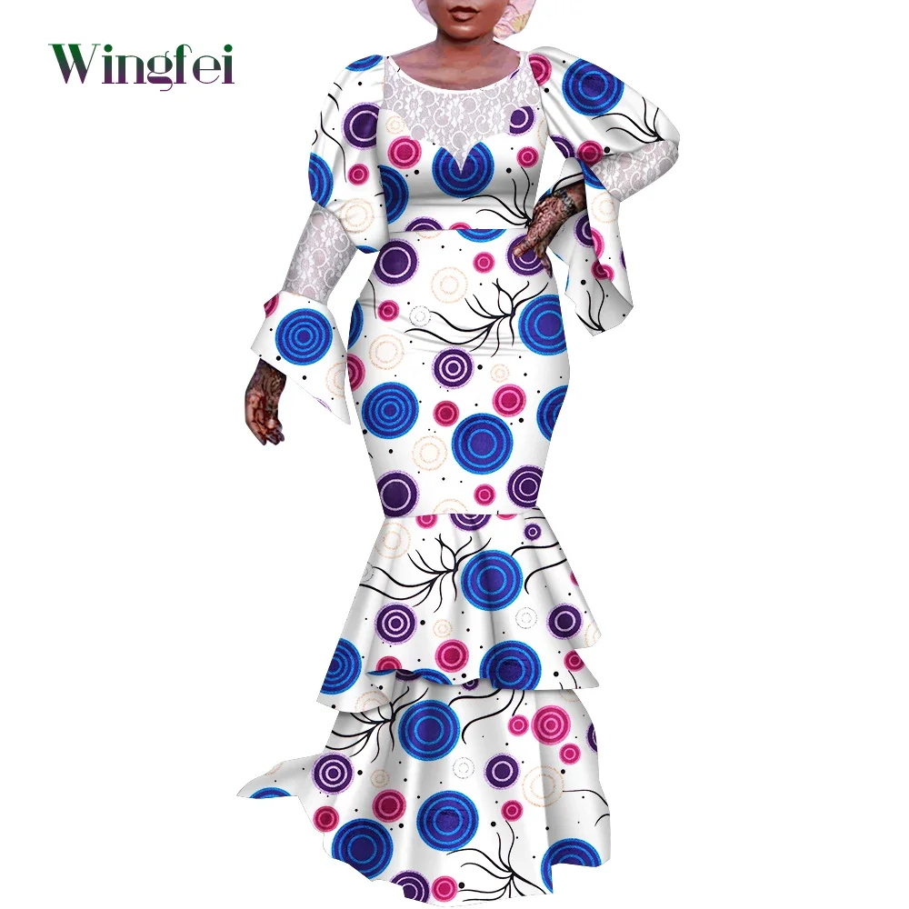 Fashion African Dresses for Women Elegant Dashiki Party Women Dress Flare Sleeve Multi-layered Maxi Long Dress WY9496