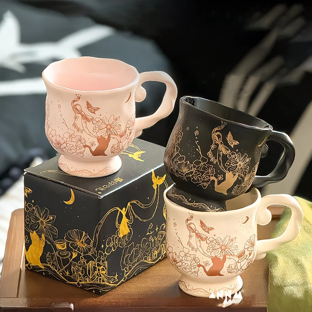 

Luxury Afternoon Tea Cups Blossom Cat Print Ceramic Mug Daily Breakfast Milk Coffee Mugs for Birthday Gifts Microwave Oven Use