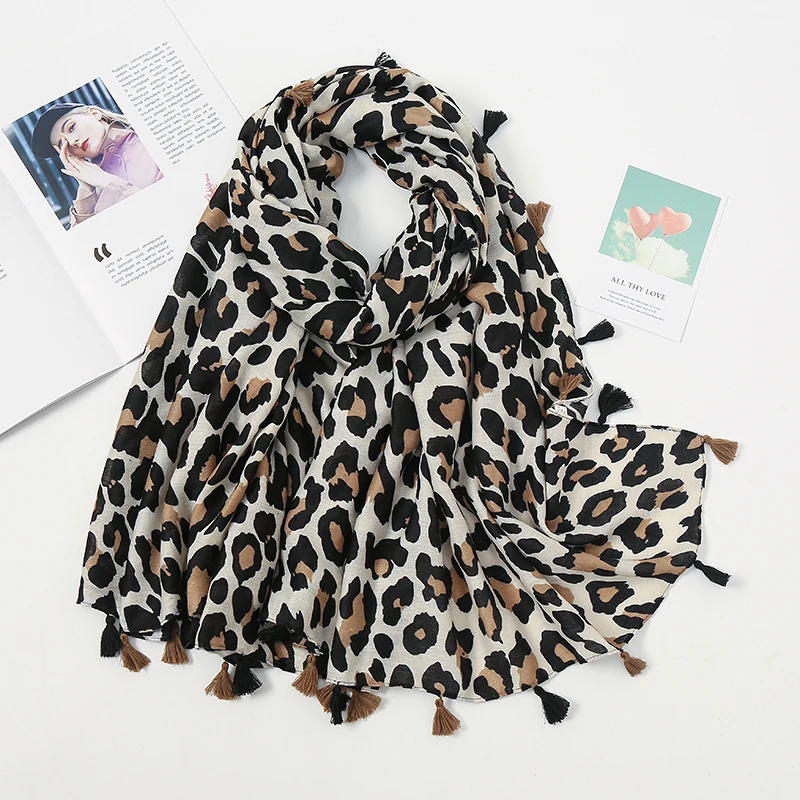 Fashion Cotton Tassel Hijab Scarf Printed Leopard Shawl For Women Muslim Autumn Headband Ladies Four Sided Tassel Wraps 180*90cm