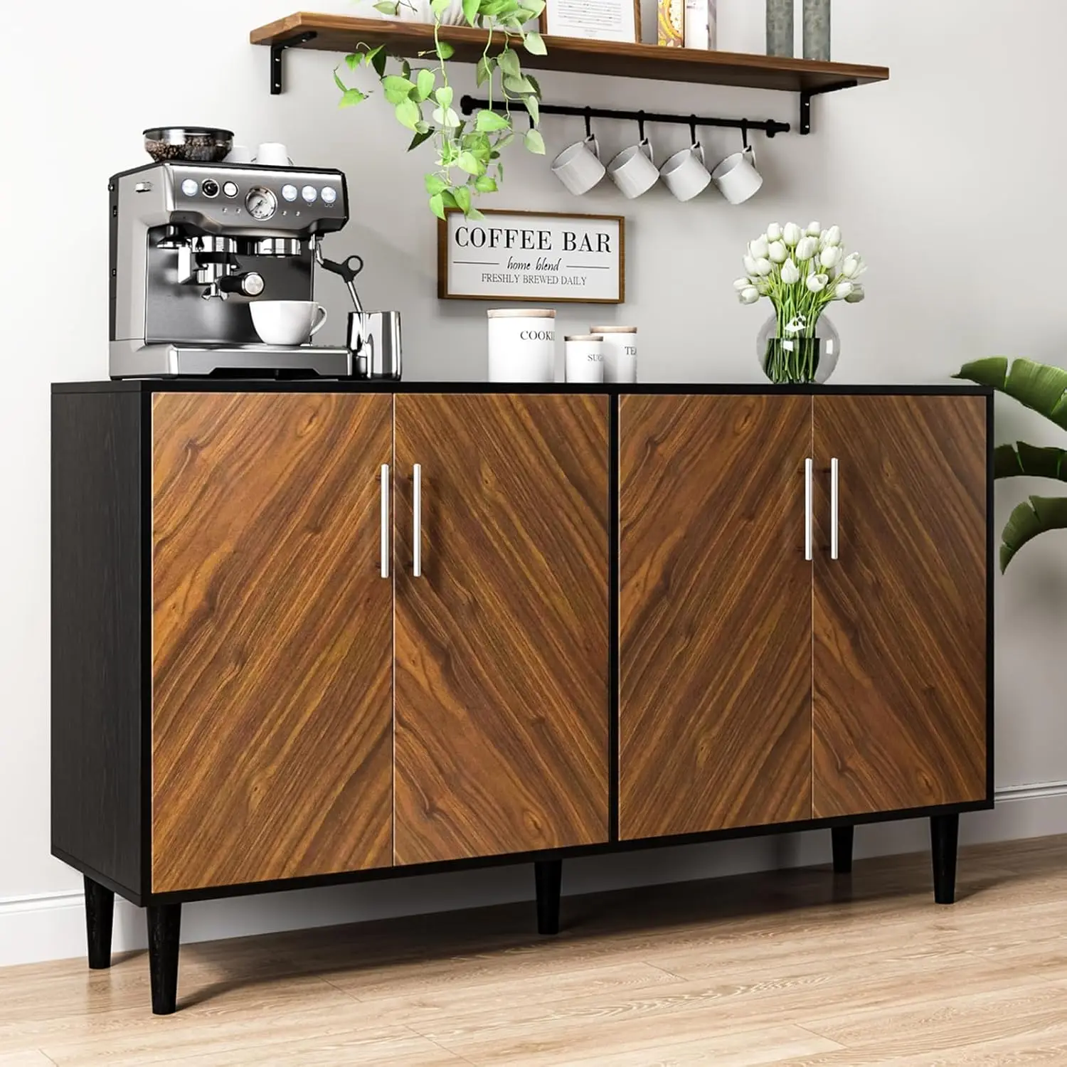 WINNER Buffet Sideboard Cabinet with Storage, 58” Mid Century Modern Coffee Bar Cabinet with Doors & Adjustable Shelves,