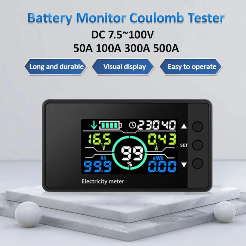 DC 7.5-100V Battery Monitor Coulomb Tester 50A 100A 300A 500A Digital Voltmeter Coulomb Meter Voltage Battery Capacity Indicator