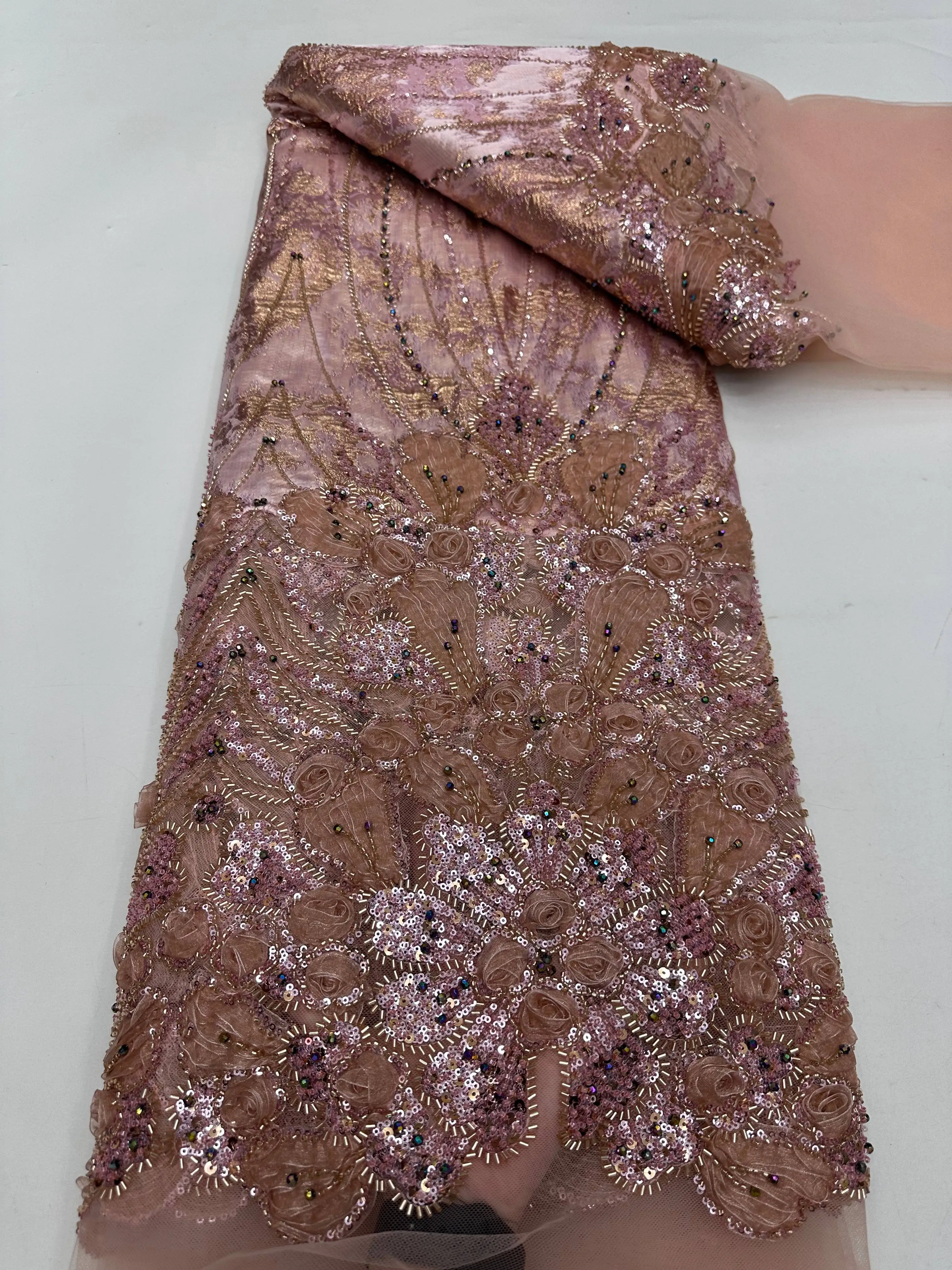 African Yellow Sequined Lace Fabrics High Quality Beaded Lace Nigerian Groom Embroidered Dress Material for Party Sewing 2044