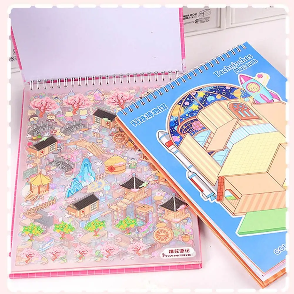New PET Miniature Scene Collection Visual Stacking Cartoon 3D Pocket Cabin Scene Stickers DIY 3D Landscape Sticker Book Kids