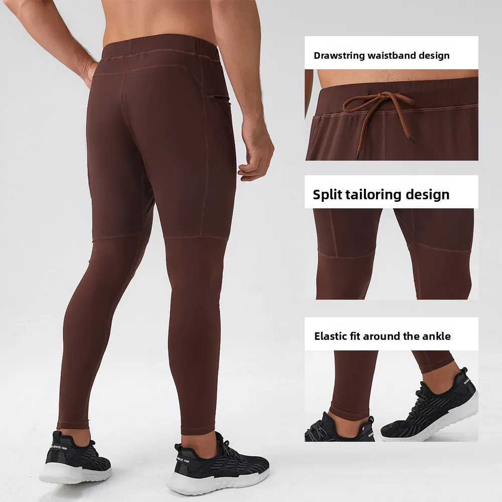 Men's nylon fitness running trousers with zipper pockets, quick-drying and breathable, tight-fitting calf sports trousers