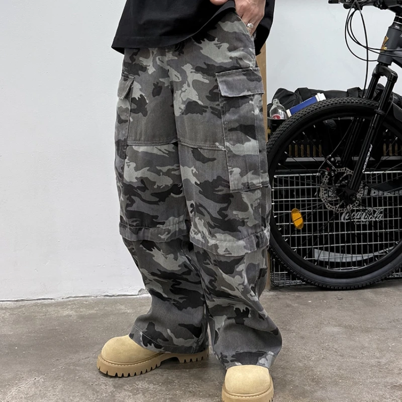 ‌Mens American Vintage Cargo Pants Tactical Camouflage Gray Loose Fit Straight Leg Convertible Outdoor Trousers Two Ways Wear