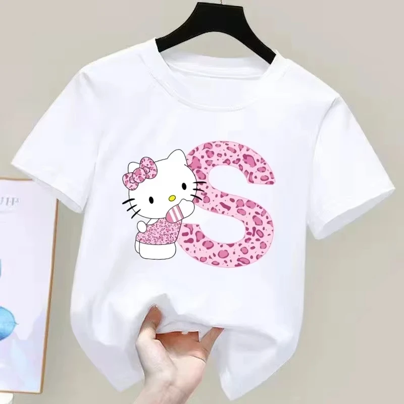 

Hello Kitty Letter A-Z Children's Short-sleeved Top Sanrio Summer T-shirt Girly Heart Soft Clothes Kawaii Birthday Gift