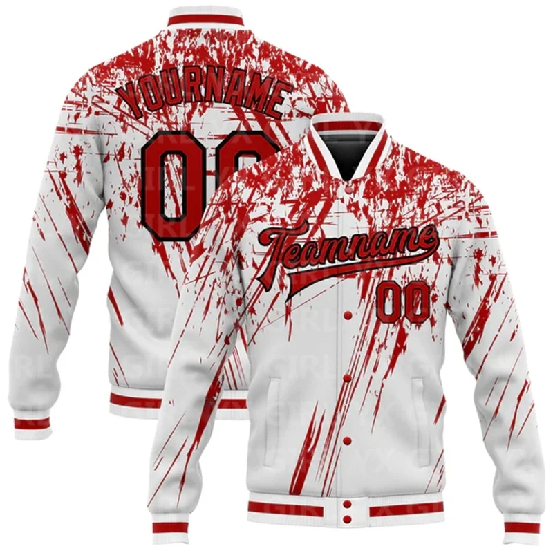 Custom White Red-Black 3D Pattern Design Bomber Full-Snap Varsity Letterman Jacket Baseball Button Jacket